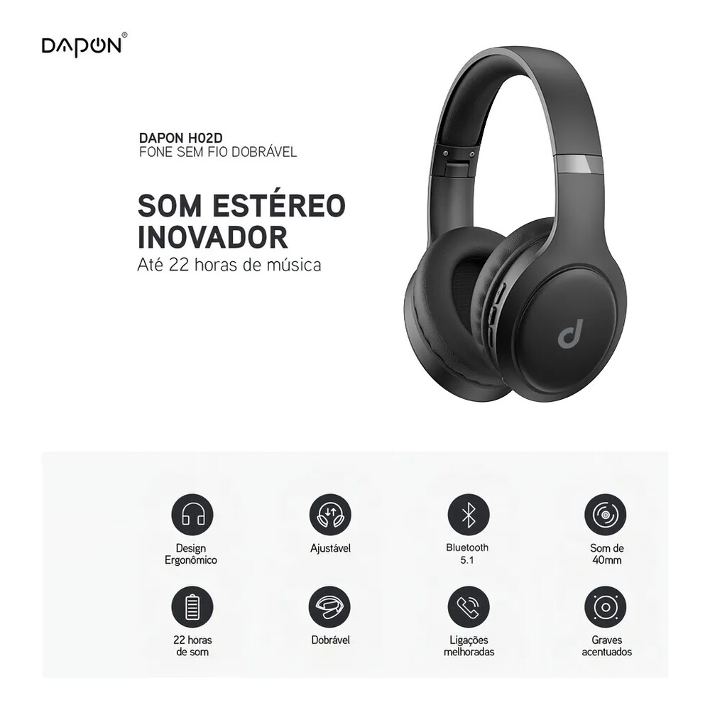 Fone De Ouvido Headphone Dapon H02D Bluetooth 5.1 Over-ear 22h Preto