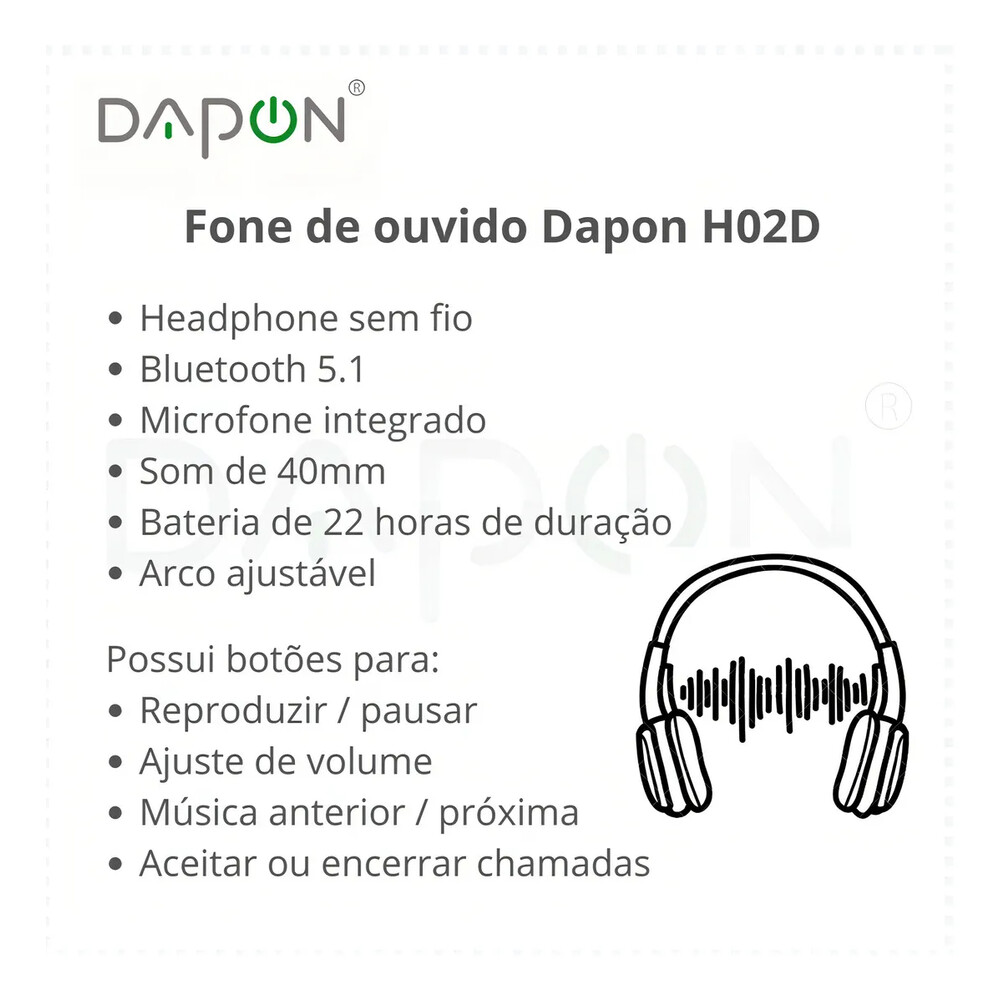 Fone De Ouvido Headphone Dapon H02D Bluetooth 5.1 Over-ear 22h Preto